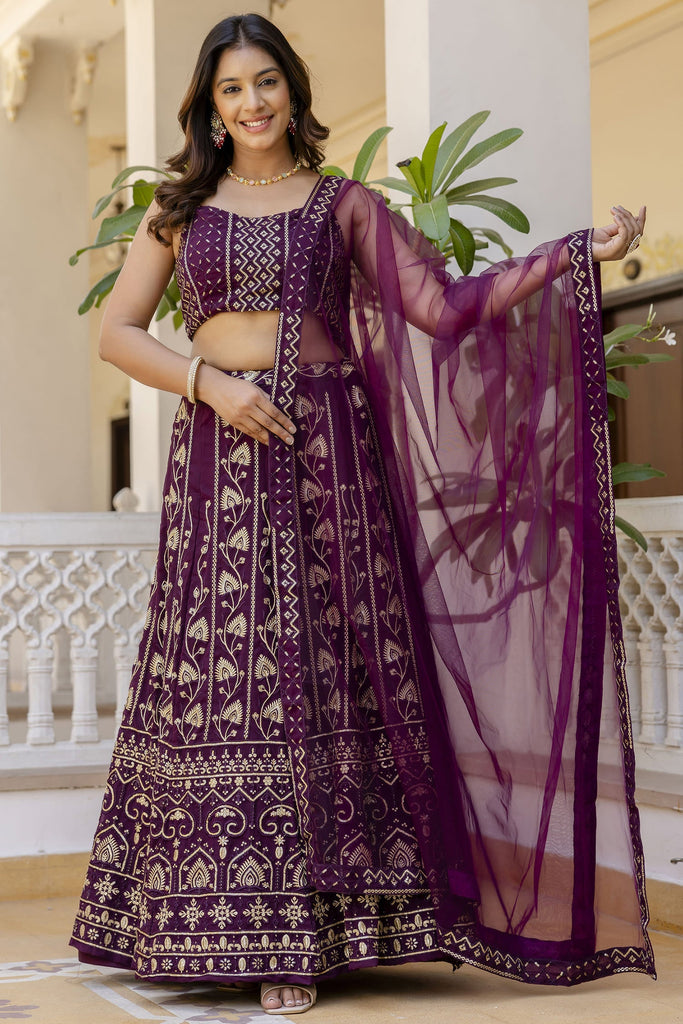 Dazzling Purple Sequins Georgette Party Wear Lehenga Choli With Dupatta
