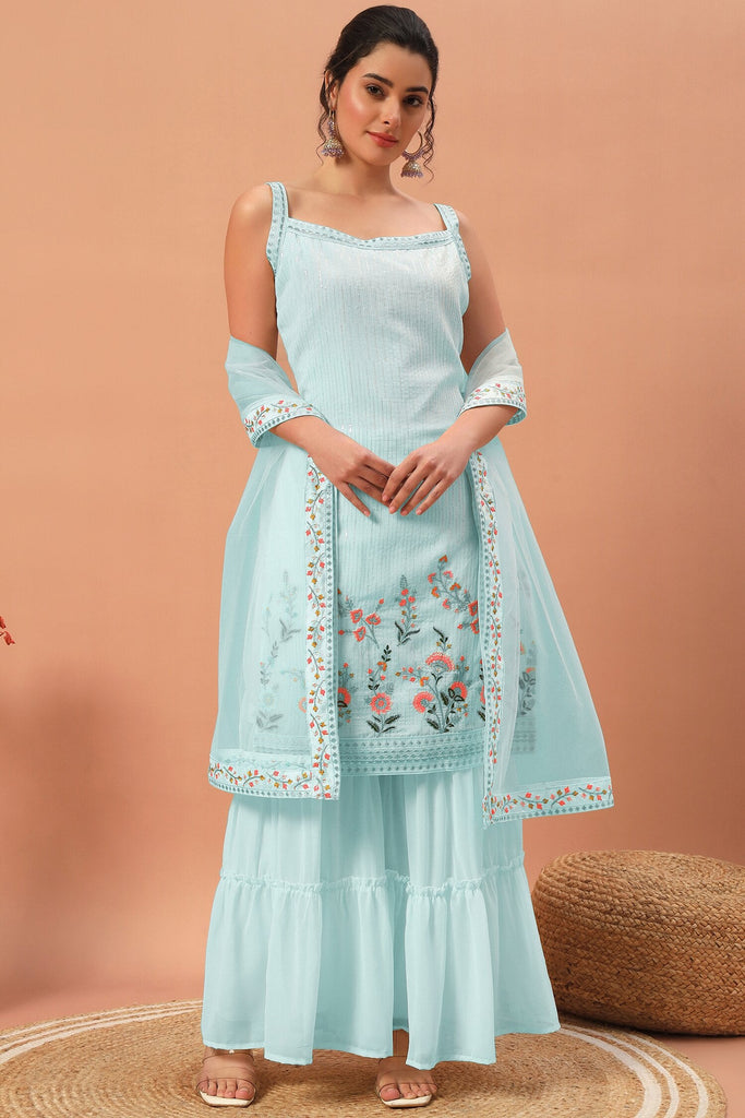 Gorgeous Blue Embroidered Georgette Festival Wear Sharara Suit