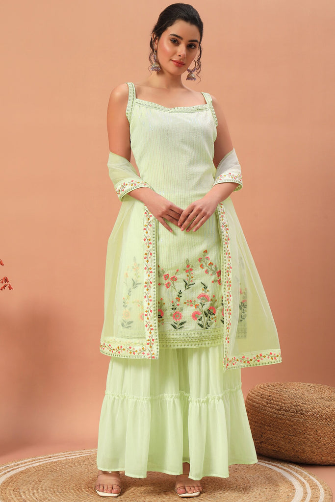 Delightful Pista Green Embroidered Georgette Sharara Suit With Dupatta