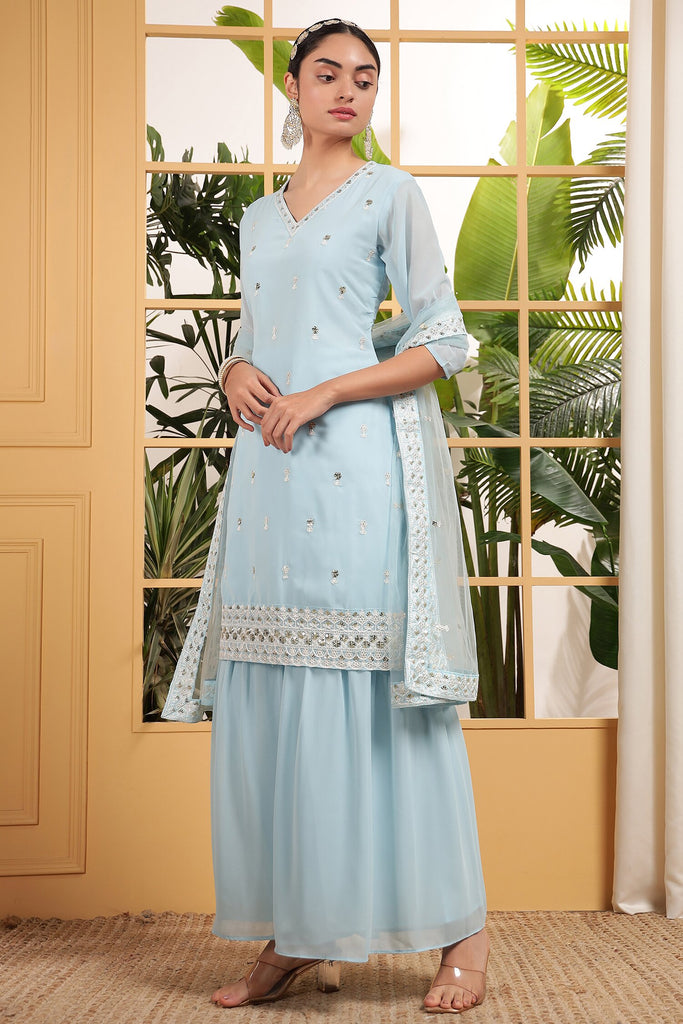 Captivating Blue Embroidered Georgette Casual Wear Sharara Suit