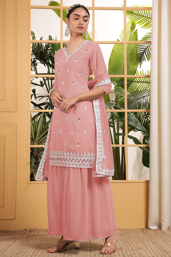 Ravishing Peach Embroidered Georgette Festival Wear Sharara Suit