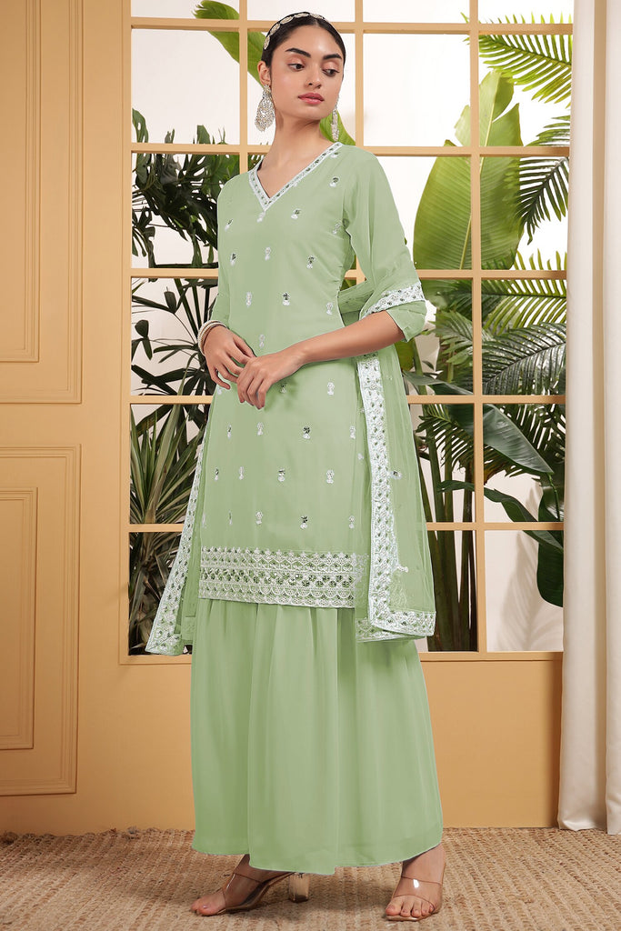 Tantalizing Pista Green Embroidered Georgette Sharara Suit