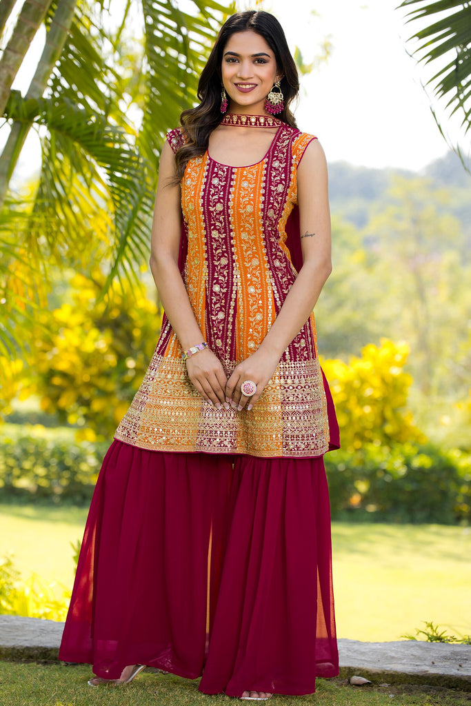 Glamorous Maroon Embroidered Georgette Designer Sharara Suit