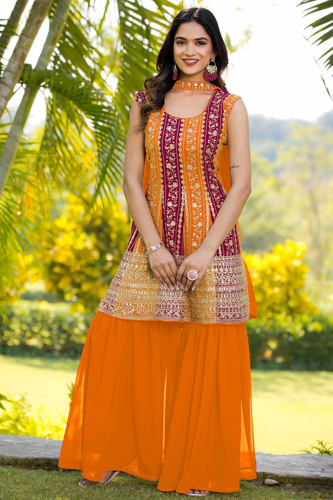 Fascinating Orange Embroidered Georgette Haldi Wear Sharara Suit