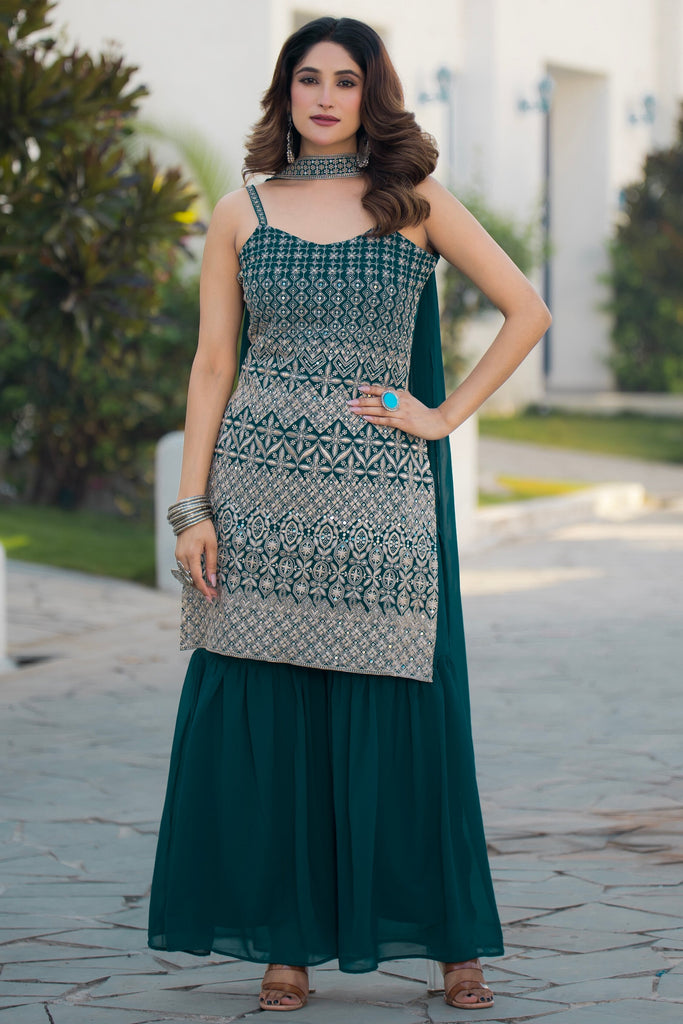 Lovable Teal Blue Embroidered Georgette Palazzo Suit With Dupatta