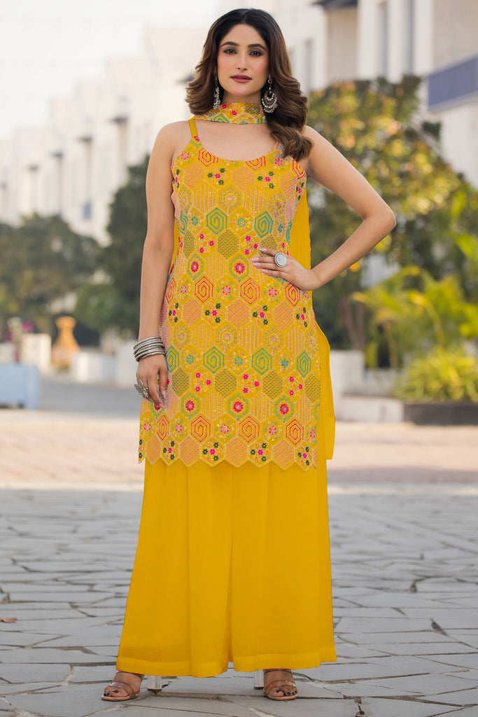 Spectacular Yellow Sequins Chinon Haldi Wear Palazzo Suit