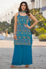 Dazzling Teal Blue Embroidered Chinon Wedding Wear Palazzo Suit
