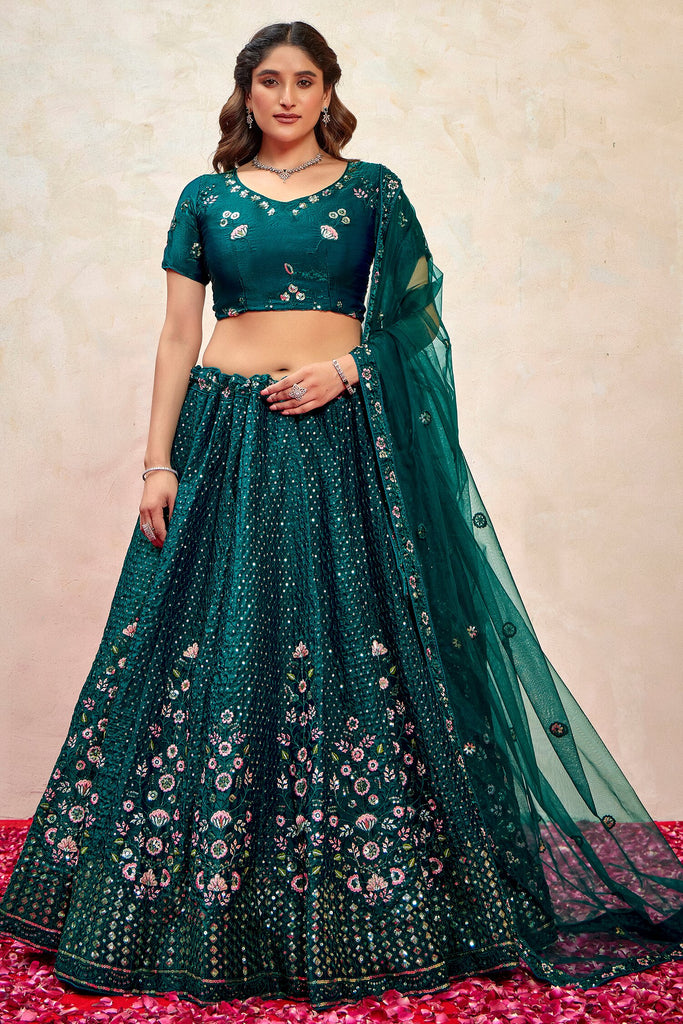 Stunning Teal Green Sequins Net Wedding Lehenga Choli With Dupatta