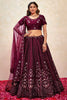 Winsome Wine Thread Embroidered Net Lehenga Choli With Dupatta