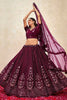 Winsome Wine Thread Embroidered Net Lehenga Choli With Dupatta