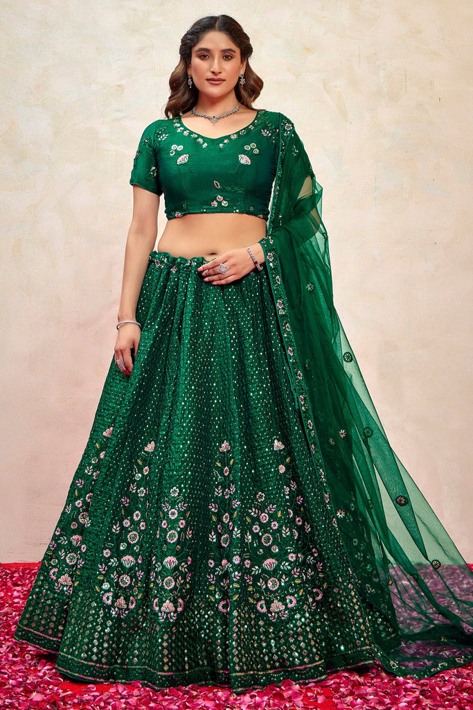 Adorable Green Sequins Net Mehendi Wear Lehenga Choli With Dupatta