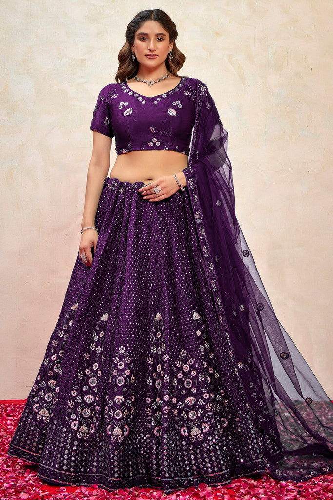 Sweet Purple Thread Embroidered Net Designer Lehenga Choli