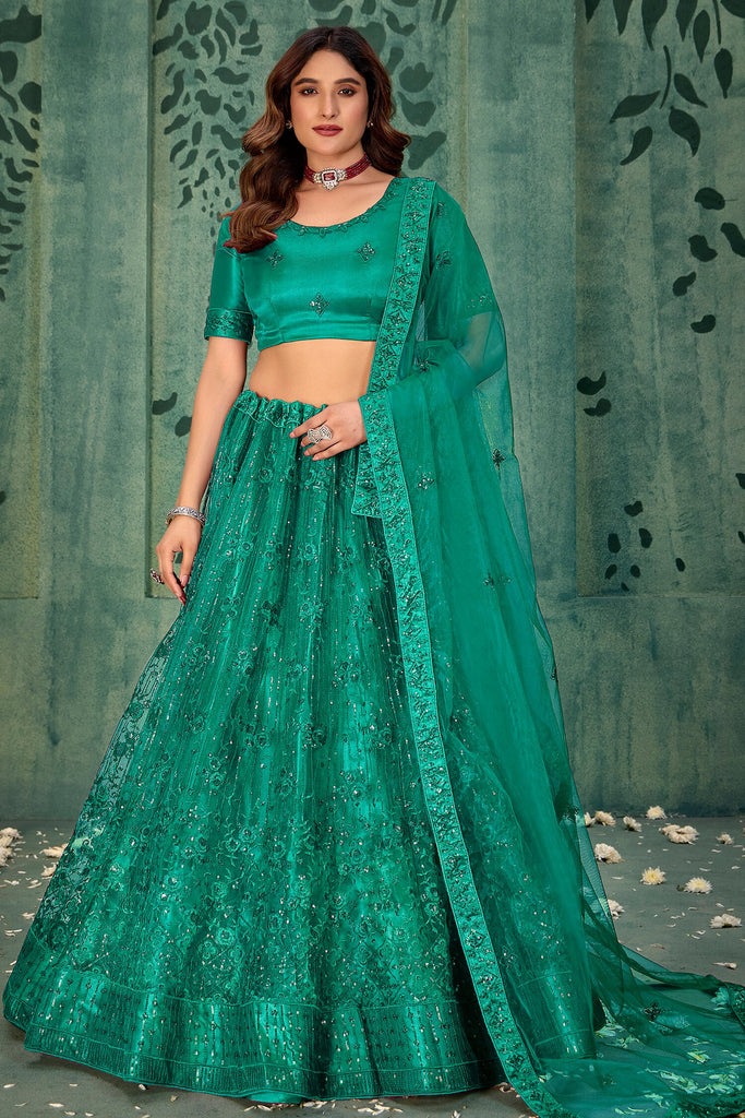 Beautiful Green Embroidered Net Wedding Wear Lehenga Choli