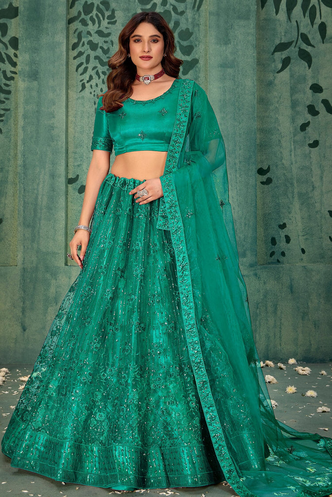 Beautiful Green Embroidered Net Wedding Wear Lehenga Choli
