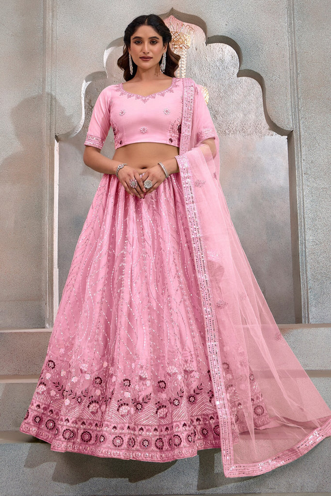 Shocking Pink Thread Embroidered Net Bridesmaid Lehenga Choli