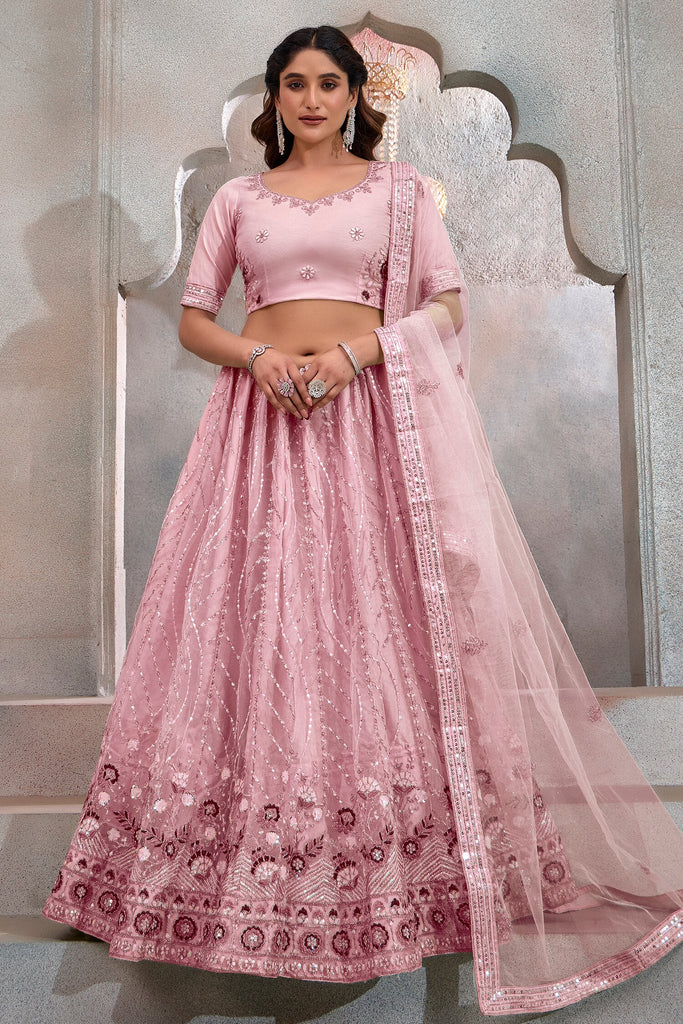 Wonderful Dark Peach Sequins Net Designer Lehenga Choli With Dupatta