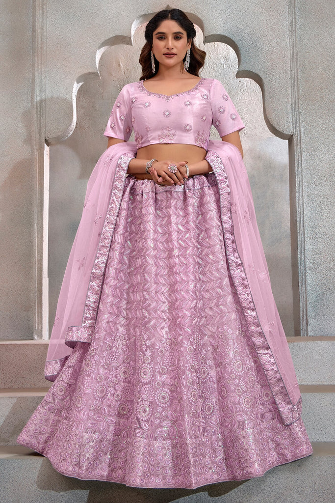 Beautiful Lavender Thread Embroidered Net Bridesmaid Lehenga Choli