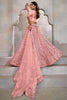 Lovable Peach Thread Embroidered Net Lehenga Choli With Dupatta