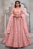 Lovable Peach Thread Embroidered Net Lehenga Choli With Dupatta