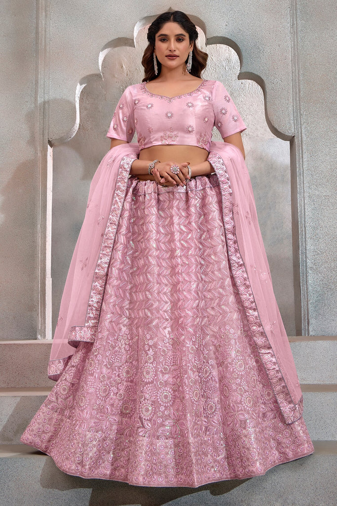 Precious Pink Sequins Net Wedding Lehenga Choli With Dupatta