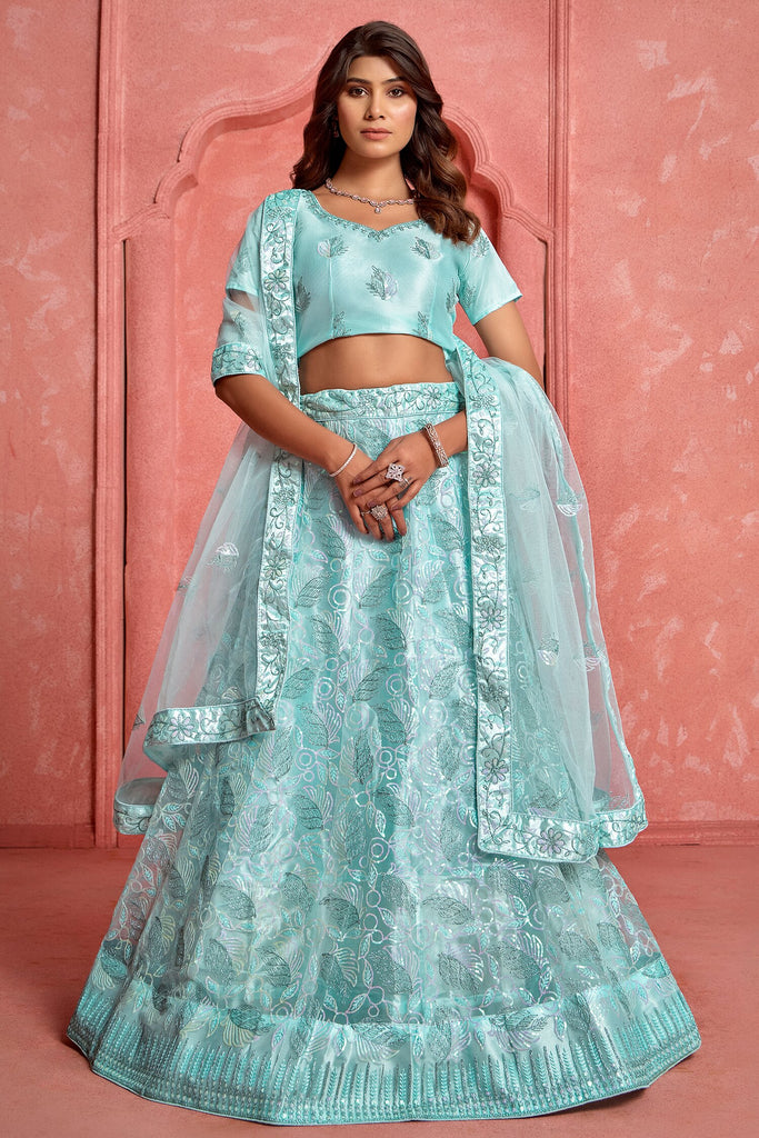 Outstanding Sky-Blue Thread Embroidered Net Wedding Lehenga Choli