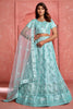 Outstanding Sky-Blue Thread Embroidered Net Wedding Lehenga Choli