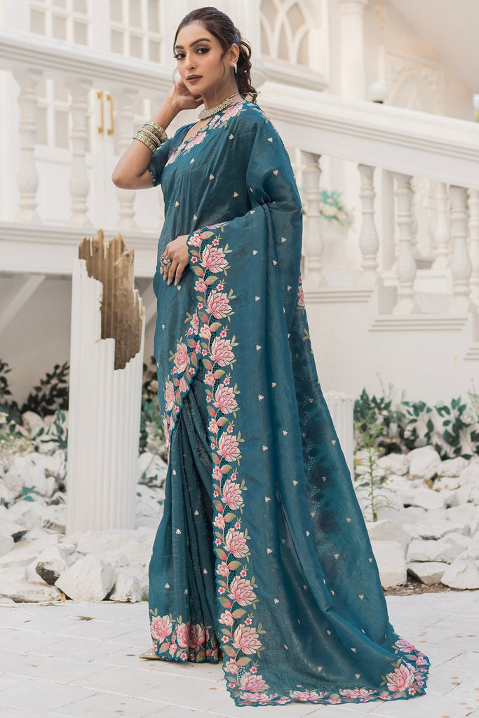 Excellent Blue Embroidered Silk Festival Wear Saree With Blouse