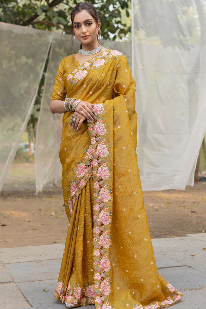 Amazing Mustard Yellow Embroidered Silk Haldi Wear Saree