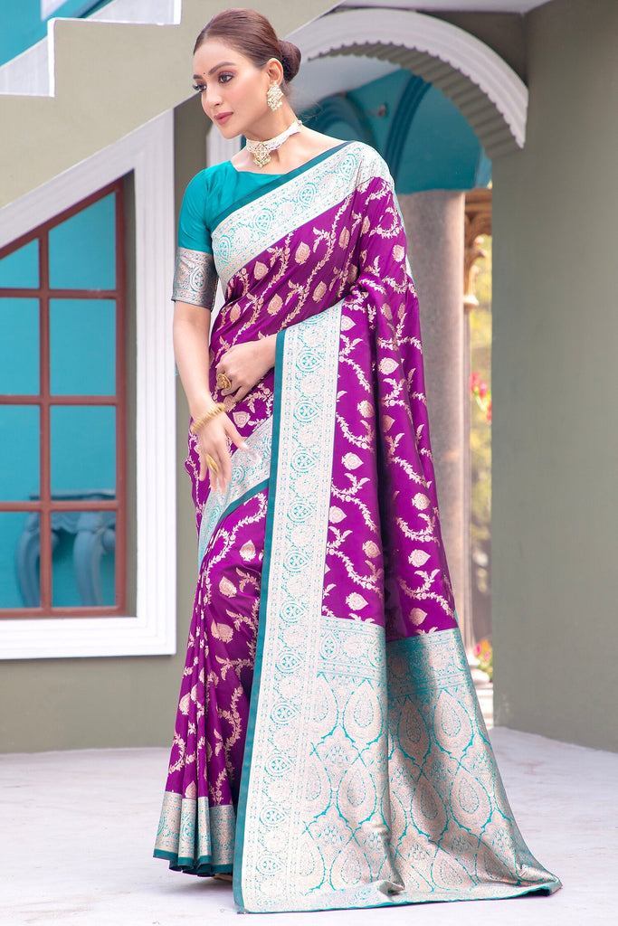Gorgeous Purple Zari Weaving Banarasi Silk Festival Wear Saree