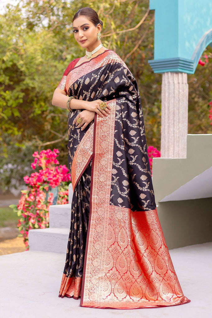 Incredible Black Zari Weaving Banarasi Silk Saree With Blouse