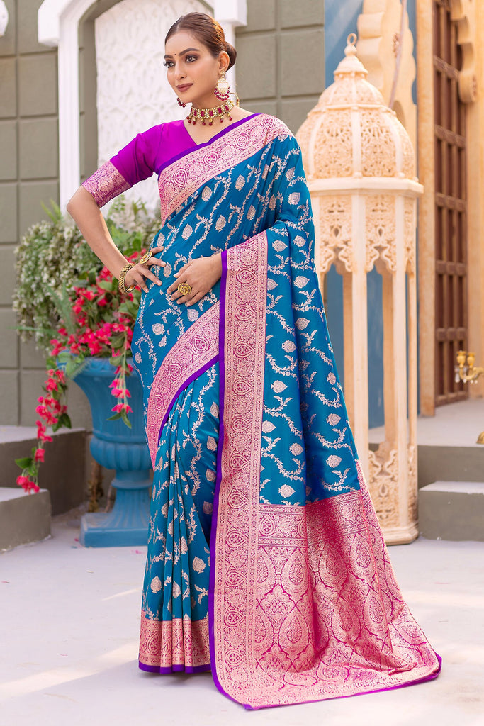 Awesome Blue Zari Weaving Banarasi Silk Wedding Wear Saree