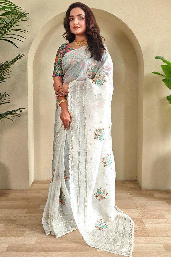 Adorable White Sequins Work Organza Festival Wear Saree With Blouse