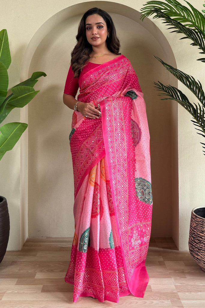 Wonderful Pink Bandhani Printed Tissue Silk Festival Wear Saree