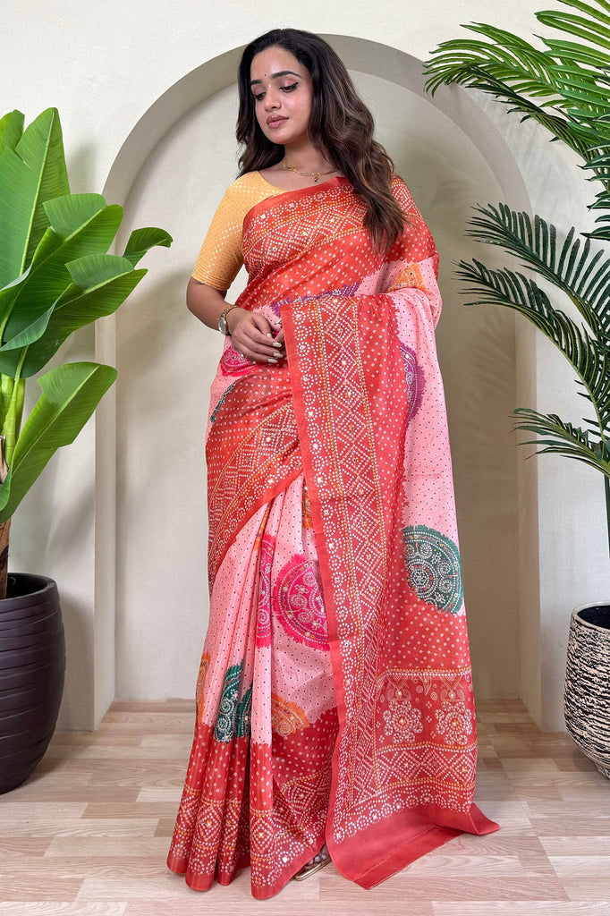 Fantastic Peach Bandhani Printed Tissue Silk Function Wear Saree