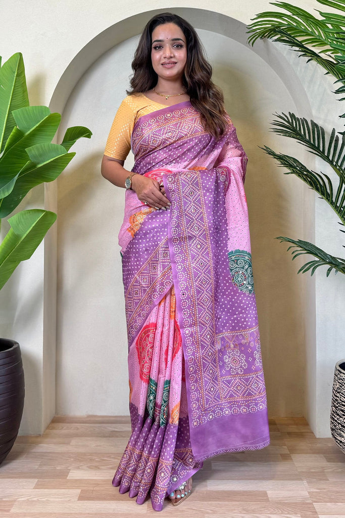 Shocking Purple Bandhani Printed Tissue Silk Event Wear Saree