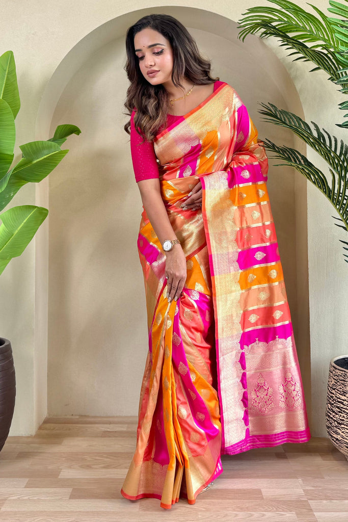 Amazing Multi-Color Zari Weaving Banarasi Silk Saree With Blouse