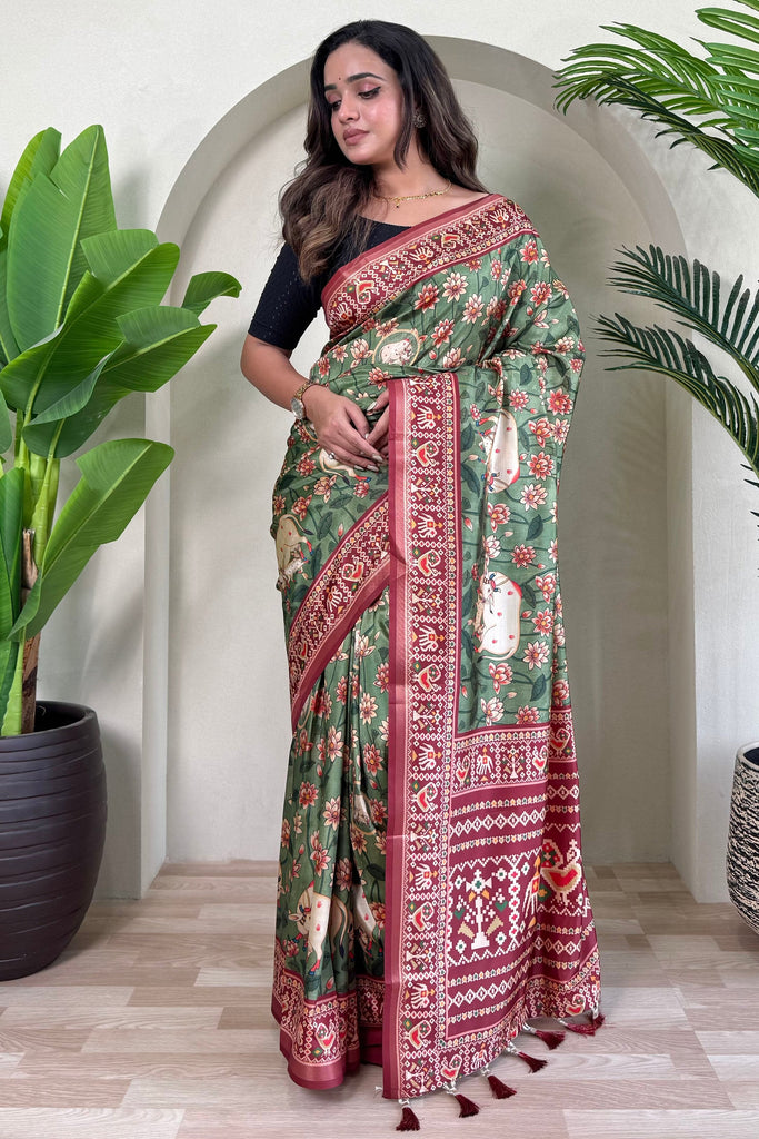 Amazing Green Pichwai Printed Viscose Festival Wear Saree With Blouse
