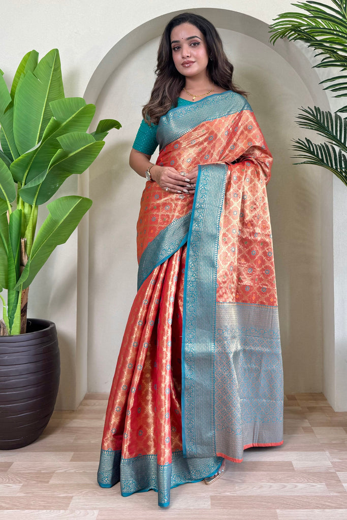 Enjoyable Orange Zari Weaving Tissue Silk Festival Wear Saree