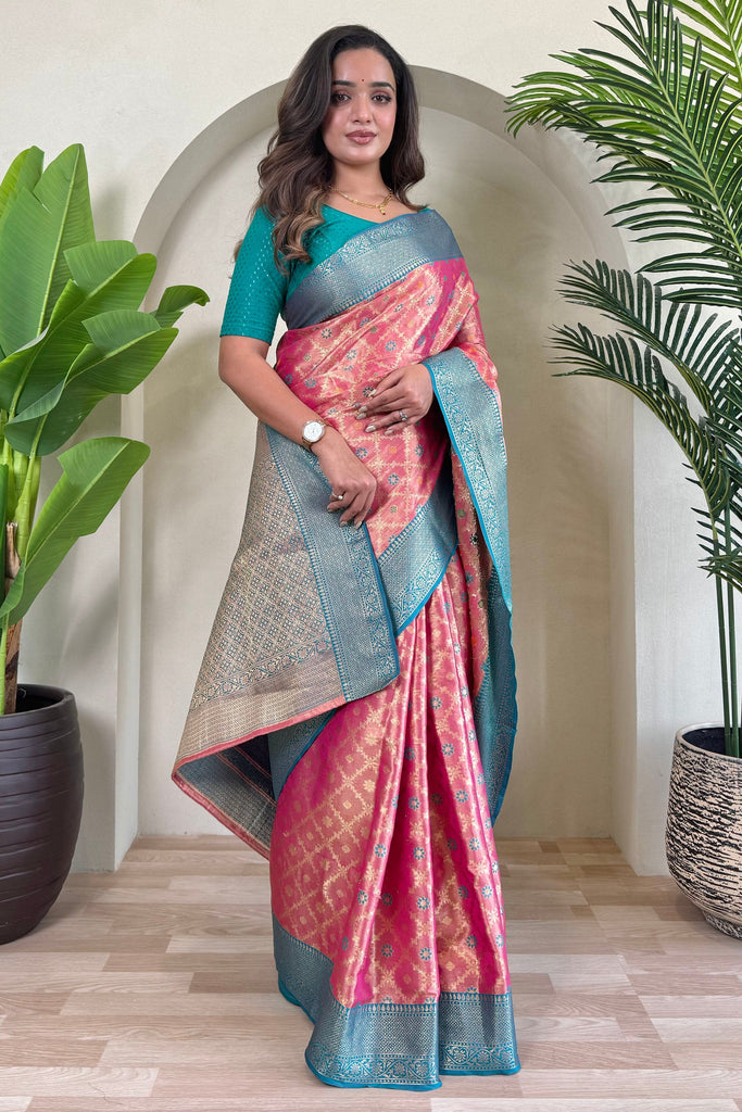 Alluring Pink Zari Weaving Tissue Silk Event Wear Saree With Blouse