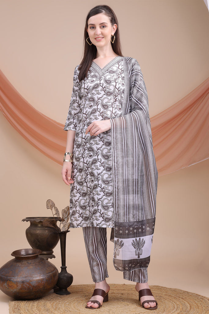 Spectacular Grey Floral Printed Cotton Casual Wear Salwar Suit With Dupatta