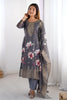 Incredible Grey Floral Print Silk Traditional Pant Suit With Dupatta