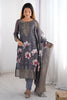 Incredible Grey Floral Print Silk Traditional Pant Suit With Dupatta
