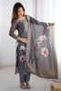 Incredible Grey Floral Print Silk Traditional Pant Suit With Dupatta