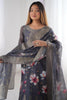 Incredible Grey Floral Print Silk Traditional Pant Suit With Dupatta