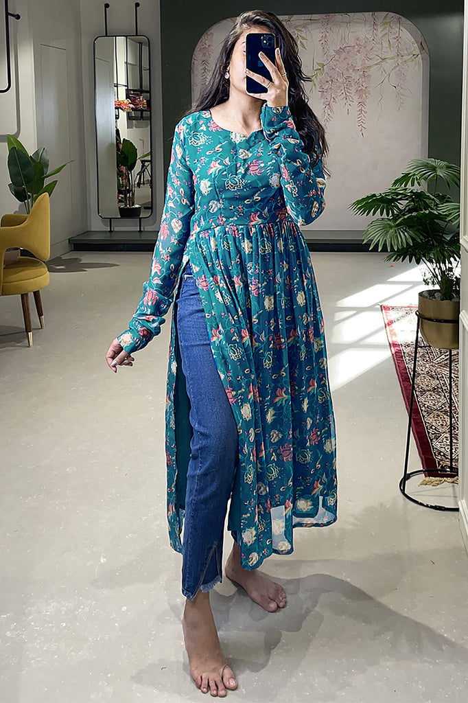Gorgeous Teal Green Printed Casual Wear Nayra Cut Kurti