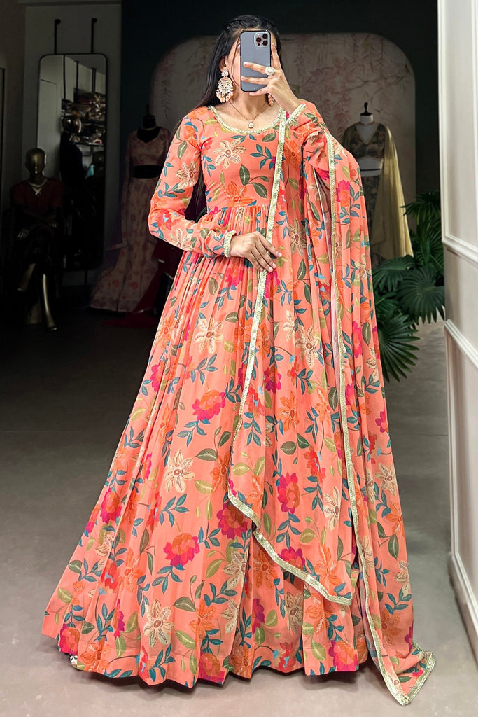 Beautiful Peach Floral Printed Georgette Festival Wear Gown
