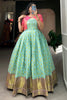 Beautiful Turquoise Zari Woven Jacquard Silk Festival Wear Gown