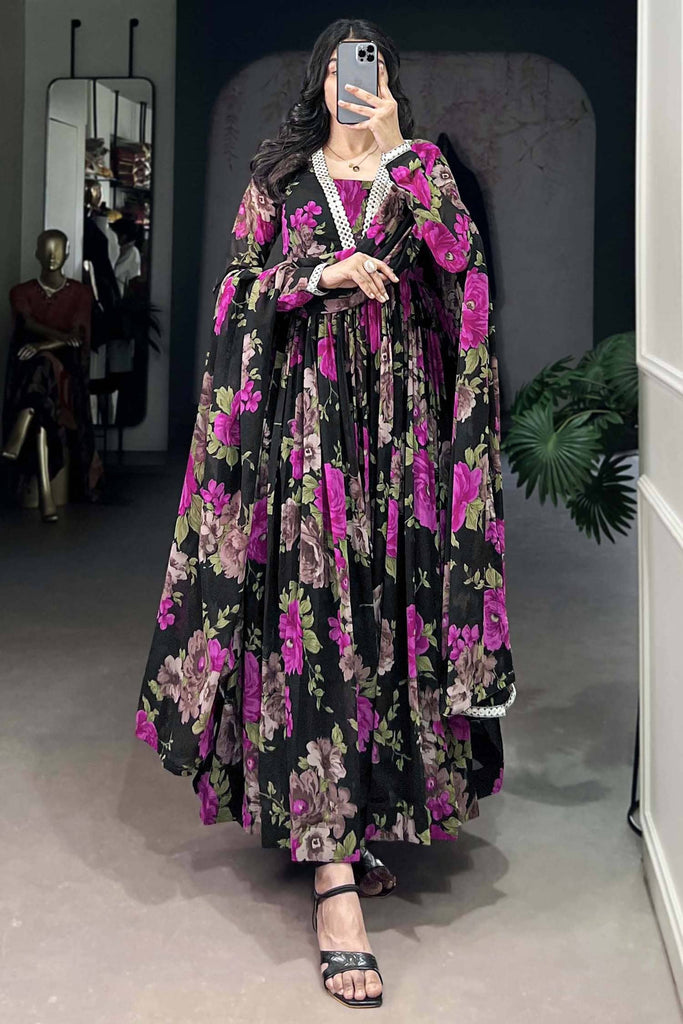Attractive Pink Floral Print Georgette Casual Wear Gown With Dupatta