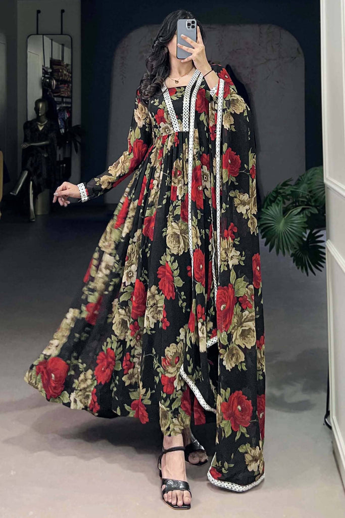 Pretty Red Floral Print Georgette Traditional Gown With Dupatta