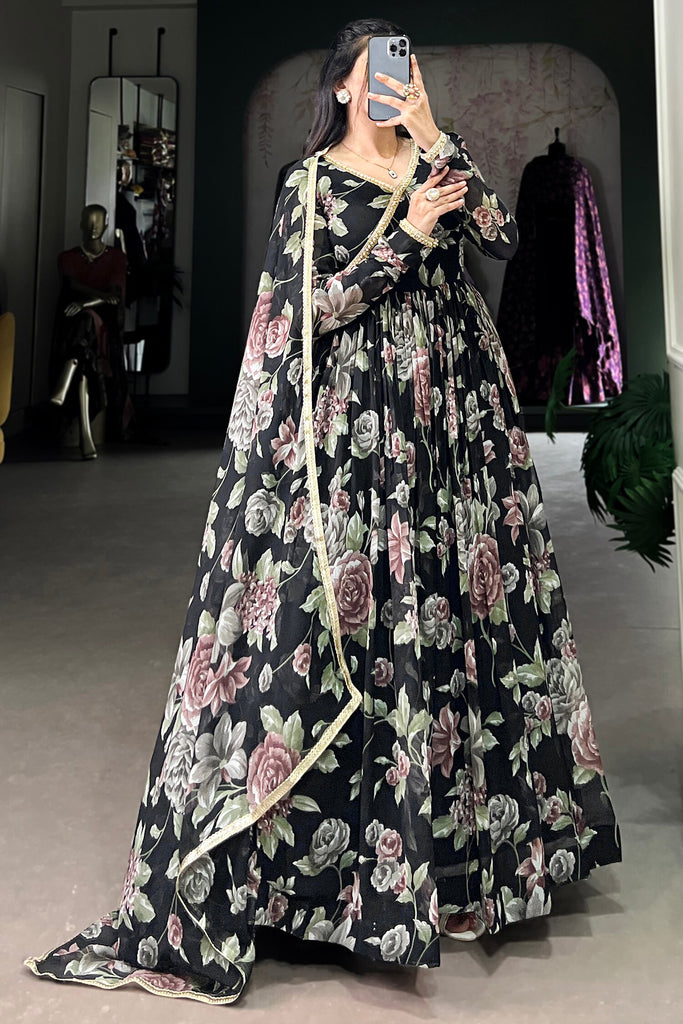 Captivating Black Floral Printed Georgette Traditional Gown